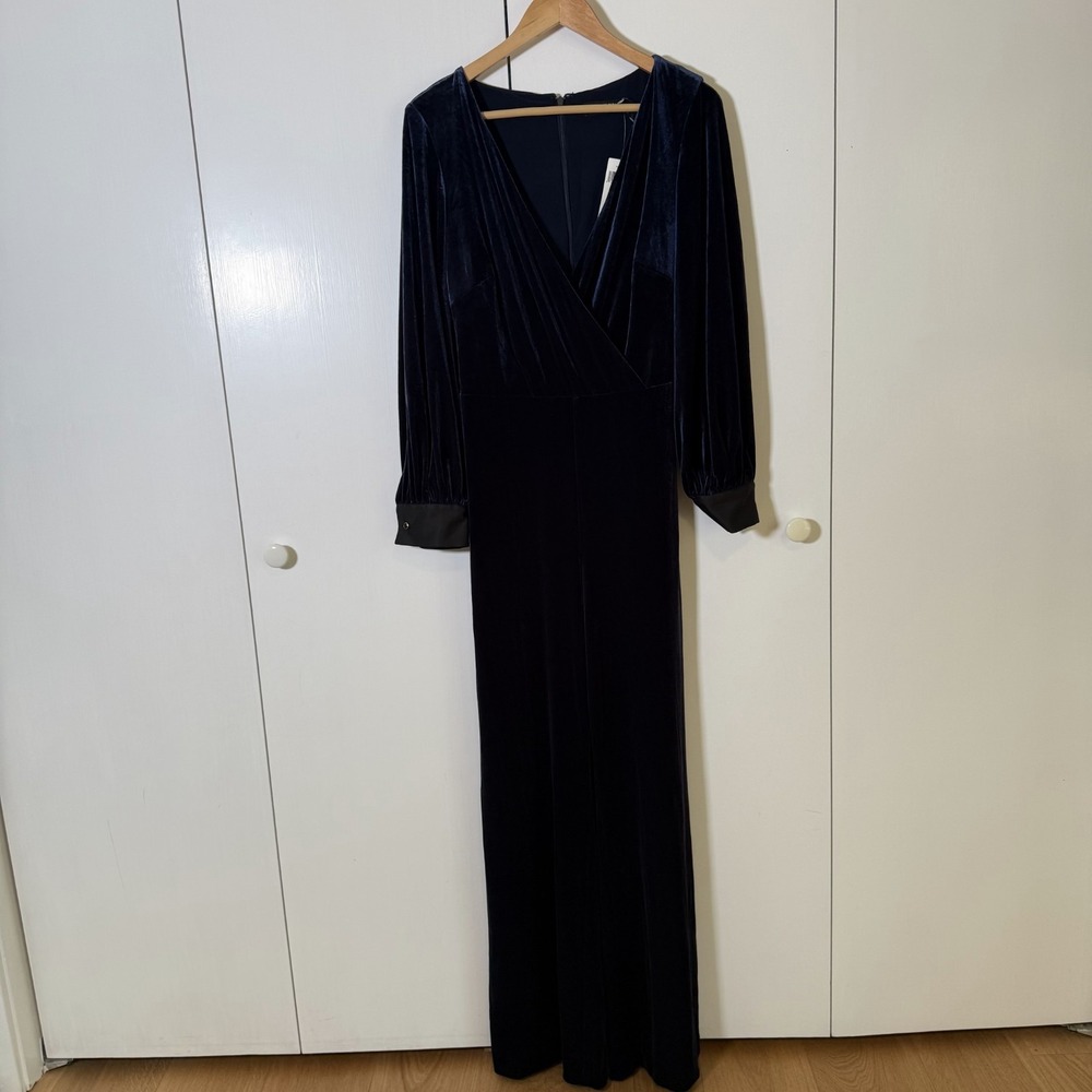 Lauren Ralph‎ Lauren Velvet Surplice Jumpsuit Women's Navy Blue Belted 12 NWT
